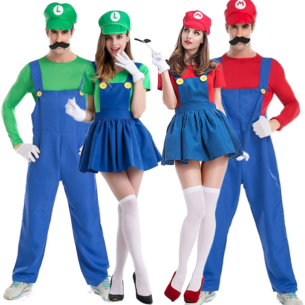 Party Games Mario - カップルスーパーブラザー配管工ストラップパンツ女性と男性のためのグループゲーム服大人ユニセックスハロウィンパーティーコスプレ制服